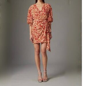 Gilner Farrar Luella Dress in Brick Leopard NWT Size Small Wrap Mini Puff Sleeve